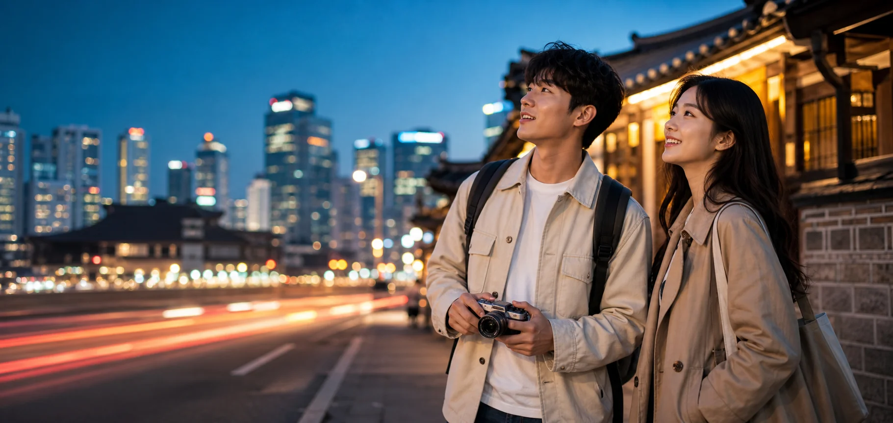 Young Korean travel creators exploring Seoul at blue hour